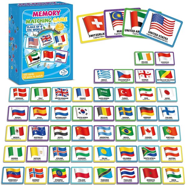 gisgfim 50 Pairs Memory Matching Game Flags of The World Concentration Memory Matching Games for Kids and Adults Learning Educational A Fun & Fast Countries of The World Memory Matching Games