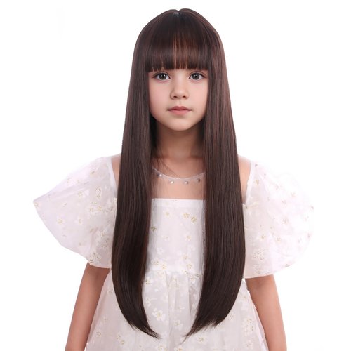 Edivd Brown Wig for Kids Girls Long Brown Wig with Air Bangs Long Brown Straight Wig for Child Heat Resistant Synthetic Wig with Wig Cap
