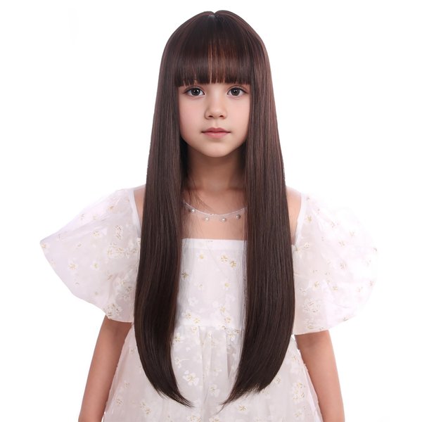 Edivd Brown Wig for Kids Girls Long Brown Wig with Air Bangs Long Brown Straight Wig for Child Heat Resistant Synthetic Wig with Wig Cap