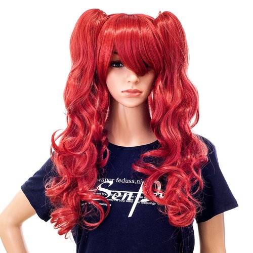 SWACC Long Curly Double Claw Clip on Ponytail Wig Synthetic Pastel Colorful Cosplay Daily Party Wig for Women and Kids with Wig Cap (Red)