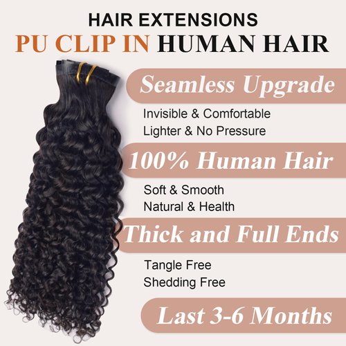 Deep Curly Clip in Hair Extensions Real Human Hair Clip ins 100% Brazilian Virgin Hair PU Seamless Clip in Hair Extensions Human Hair Natural Black Hair for Women 120 Gram 6 Pcs 18 Inch