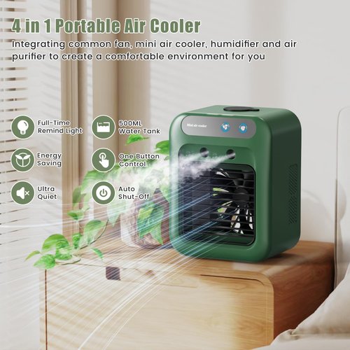 Portable Air Conditioners, Small Air Conditioner with Humidifier & 500ml Water Tank, Rechargeable Room Air Conditioners, Personal AC Unit for Bedroom, Office, Desk, Camping, Car, Digital Display