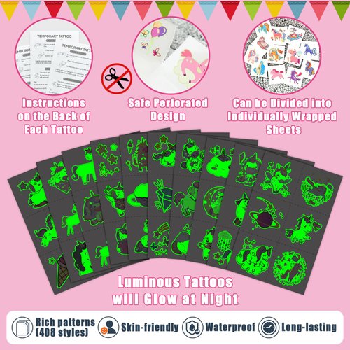 Partywind 408 Styles Glow Temporary Tattoos for Girls, 68 Sheets Luminous Tattoo Stickers for Kids Goodie Bag Stuffers, Party Supplies Favors Decorations, Birthday Games for Children