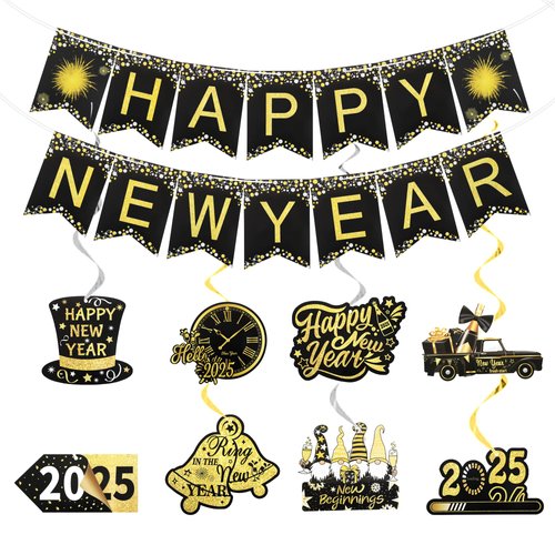 New Years Eve Party Supplies 2025 Black Gold Happy New Year Banner and Spiral pendant for New Year Party Decorations