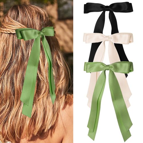 Bmobuo Hair Bows for Women Hair Ribbons 3Pcs Satin Bows for Hair Clips Double Layers Ribbon Clips Hair Barrettes Coquette Bows (Beige Green Black)