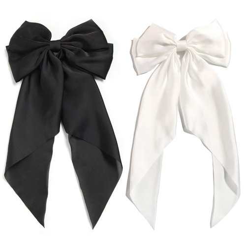 SUSULU Hair Bows for Women - Black White Hair Bow Hair Clips Girls Hair Accessories - 2pcs Hair Barrettes for Women with Long Tail Satin Ribbons Metal Clamp