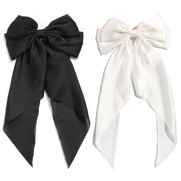 SUSULU Hair Bows for Women - Black White Hair Bow Hair Clips Girls Hair Accessories - 2pcs Hair Barrettes for Women with Long Tail Satin Ribbons Metal Clamp