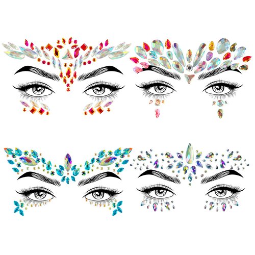 Allruyee 4 Sets Face Jewels Face Gems Mermaid Glitter Rhinestone Crystal Stickers Waterproof Eyes Face Temporary Tattoos for Party,Rave Festival,Carnival,Holiday Costumes,Rave Accessories,Dress-up……