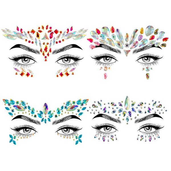 Allruyee 4 Sets Face Jewels Face Gems Mermaid Glitter Rhinestone Crystal Stickers Waterproof Eyes Face Temporary Tattoos for Party,Rave Festival,Carnival,Holiday Costumes,Rave Accessories,Dress-up……