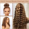 Honey Blonde Highlight 360 Curly Deep Wave Wig Human Hair 24 Inch Ombre 4/27 Colored Lace Front Wig Full 360 HD Transparent Lace Brazilian Human Hair Wigs for Women Free Part Pre Plucked 150 Density