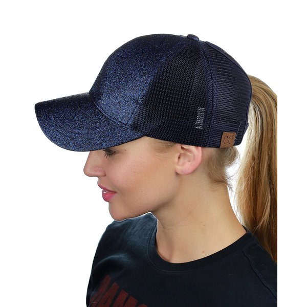 C.C Ponycap Messy High Bun Ponytail Adjustable Glitter Mesh Trucker Baseball Cap, Navy