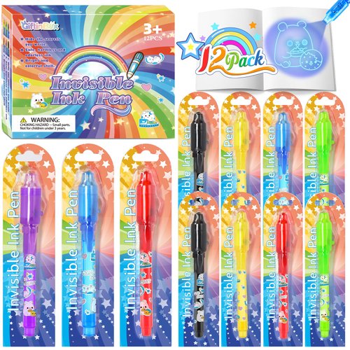 GIFTINBOX Invisible Ink Pen with UV Light for Kids, 12PCS Spy Pen Party Favors for Kids 8-12, Magic Marker for Secret Message, School Supplies Birthday Christmas Gift Goody Bag Stuffers for Boys Girls