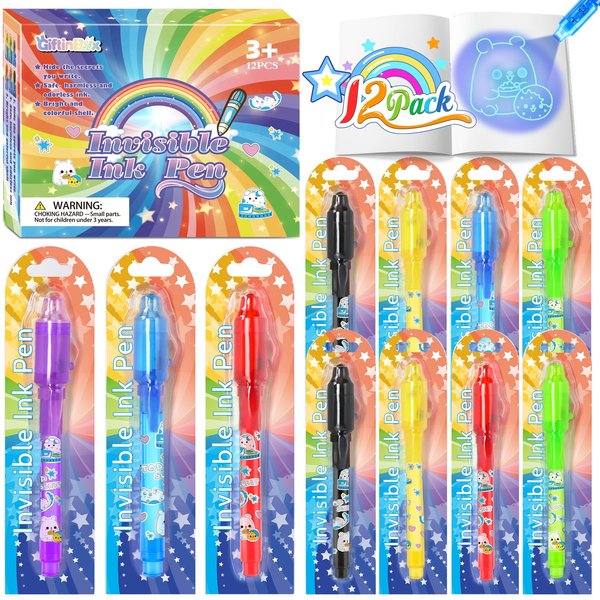GIFTINBOX Invisible Ink Pen with UV Light for Kids, 12PCS Spy Pen Party Favors for Kids 8-12, Magic Marker for Secret Message, School Supplies Birthday Christmas Gift Goody Bag Stuffers for Boys Girls