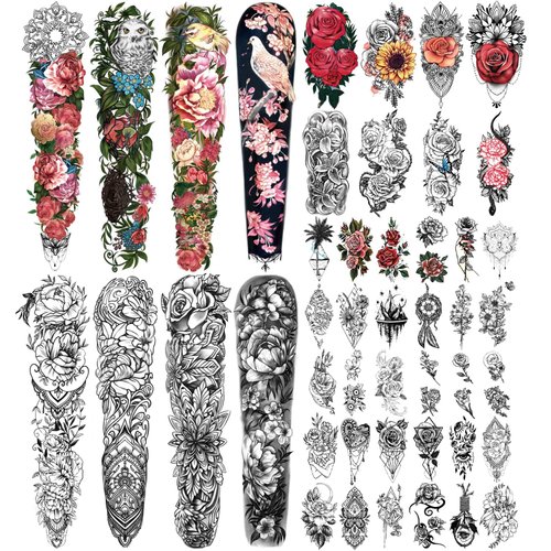 46 Sheet Full Arm Temporary Tattoo for Women with Peony Bird Daisy Rose Half Arm Flower Chrysanthemum Temporary Tattoos for Girls Boys Long Lasting Butterfly Fake Tattoo for Youngs