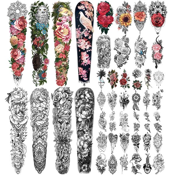 46 Sheet Full Arm Temporary Tattoo for Women with Peony Bird Daisy Rose Half Arm Flower Chrysanthemum Temporary Tattoos for Girls Boys Long Lasting Butterfly Fake Tattoo for Youngs