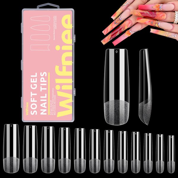 Wilfniee Soft Gel x Square Nail Tips, 240PCS Clear Ballerina Nail Tips for Acrylic Nail Tips Professional, Pre Shaped Full Cover Press on Nail Tips for Nail Polish Dip Powder Salons Home DIY