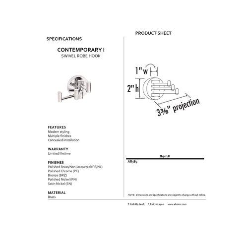 Alno A8385-PN Contemporary I Modern Robe Hooks, Polished Nickel