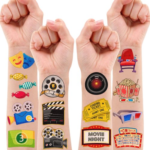 Movie Night Temporary Tattoos Birthday Theme Party Decorations Favors Supplies Cute Stickers Tattoo 8 Sheets 96 PCS Gifts for Kids Girls Boys Decor Class School Reward Carnival Christmas