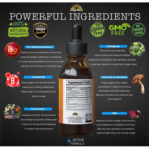 Jungle Nature Lipotropic Complex Drops – Orange Flavor Liquid Supplement with B12, B6, Folic Acid, Choline & Inositol – Supports Detox, Liver Health, Energy & Metabolism – Vegan, Non-GMO – 2oz
