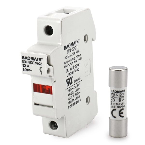 Baomain Cylindrical Fuse Holder RT18-32(X) 10mm X 38mm Fuse Base Single Pole DIN Rail Mount with 10 PCS of RO15 Fuse(16 Amp) CE Listed