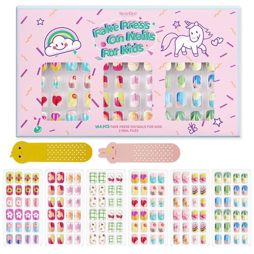 144Pcs Kids Press on Nails Children Girls Press on Short Artificial Fake Nails No fading Stable Quick Stick on Cute Pre Glue Full Cover Acrylic Nail Tip Kit Gift for Kids Nail Decoration (Flower)