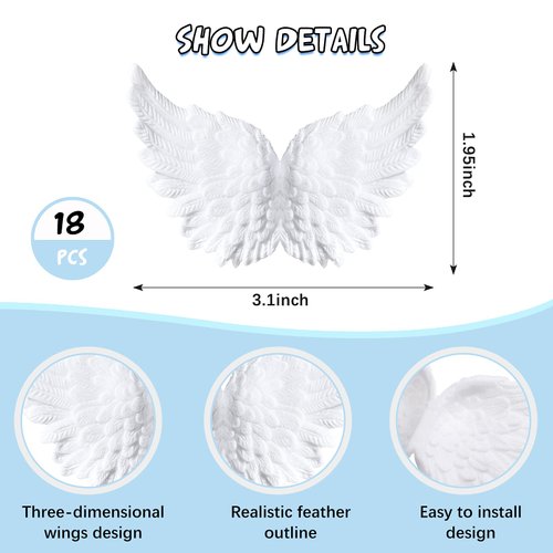 3D Plastic Angel Wings for Crafts Christmas Tree Ornaments White Feathers Costume Mini Wings Decor for DIY Crafts Accessories Christmas Party Favor Decor (18 Pieces, 3.3 Inch)