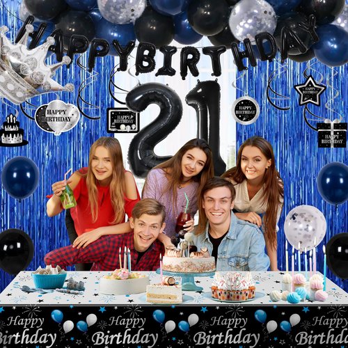 21st Birthday Decorations for Him, Blue Black Happy 21st Birthday Decorations for Men Women 21 Year Old Birthday Balloons Banner, Tablecloth, Fringe Curtains Hanging Swirls 21 Bday Party Decor for Her