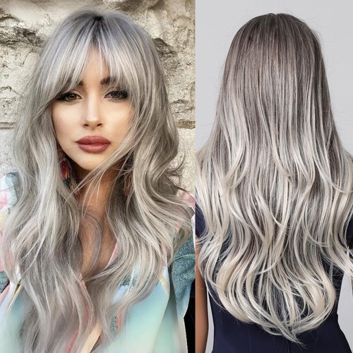 testar Grey Wigs for White Women Long Wavy Ombre Wig With Bangs Wavy Brown to Grey Wigs Heat Resistant Synthetic Wigs for Daily Party Wear 22IN