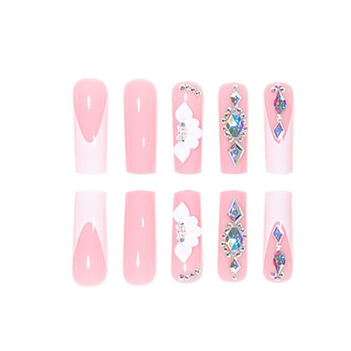 DANMANR Fake Nails French Long Press on Coffin Nails Crystal Full Cover Acrylic Shiny Fake Nails for Women and Girls 24PCS