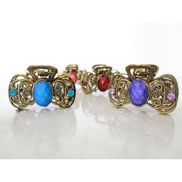 Generic Small bow shaped jeweled antique bronze hair claw clip Set B (Primary color: Blue), 1 Count (Pack of 1)