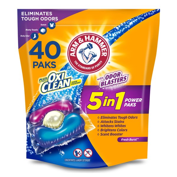 Arm & Hammer Plus OxiClean With Odor Blasters LAUNDRY DETERGENT 5-IN-1 Power Paks, 40CT (Packaging may vary)
