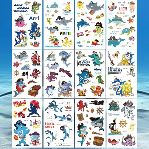Ooopsiun Shark Pirate Temporary Tattoos for Boys - 12 Sheets Ocean Shark Birthday Party Favors Decorations Supplies for Boys Kids