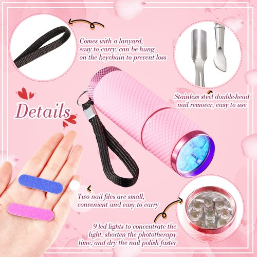 Chumia Mini UV LED Nail Lamp for Gel Nails with 9 LED and Nail Cuticle Pusher Portable Gel LED UV Nail Lamp Stainless Steel Manicure Tool with 2 Pieces Nail Files for Girl Woman Home (Pink)
