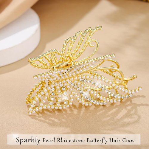 Yovic Fashion Rhinestone Butterfly Hair Clips Gold Bling Pearl Hair Claw Clip Sparkly Butterflies Hair Jaw Clips 1Pcs Hair Accessories for Women and Girls (Pearl Rhinestone Butterfly Clip)