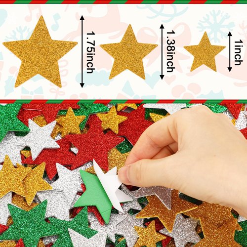JULBEAR Star Foam Sticker, 300Pcs Christmas Glitter Star Shapes Foam Stickers for Kids Holiday Xmas Party Favors Toddler DIY Crafts Supplies Home Decorations(Red Green Gold Silver)