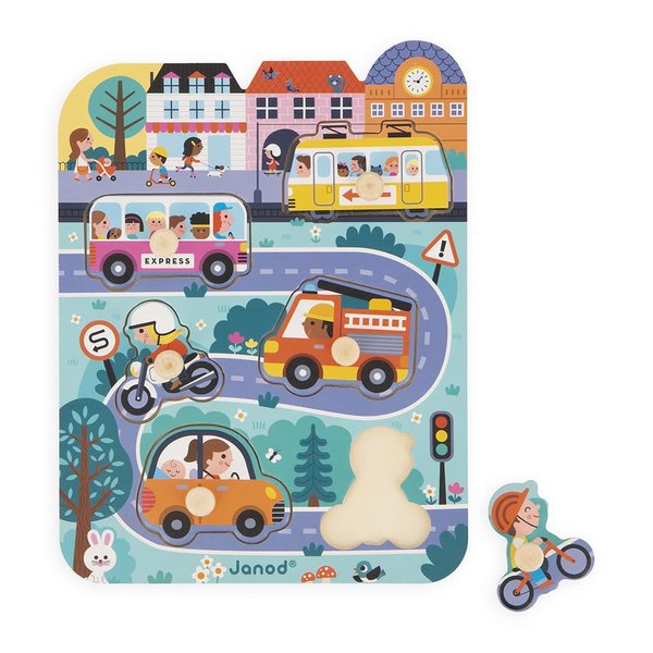 Janod - Babies’ Wooden Puzzle - 6 Pieces with Pegs - City Theme - Recessed Puzzle - Early-Learning Toy - 18 Months + J07106