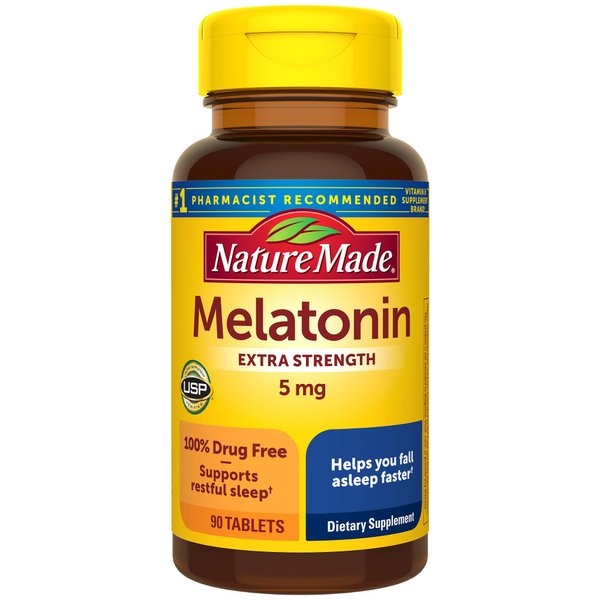 Nature Made Melatonin 5mg Extra Strength Tablets, 100% Drug Free Sleep Aid for Adults, 90 Tablets, 90 Day Supply