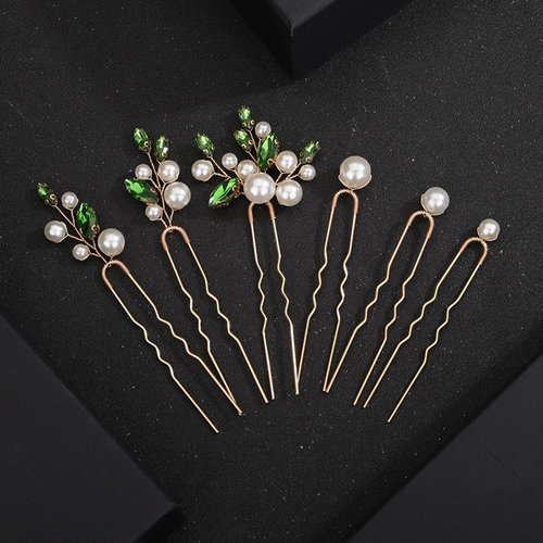 Teyglen 6pcs Pearl Bride Wedding Hair Pins Bridal Crystal Hair Pins Green Rhinestone Hair Piece Wedding Hair Accessories Handmade Crystal Pearl Hair Pins Clips for Women Girls (gold-green)