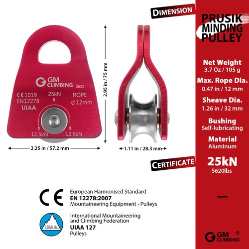 GM CLIMBING Red Micro Prusik Minding Pulley 25kN CE UIAA Certified 12mm Single Pulley Mobile Side Plates for Arborist Rigging Climbing Rescue Pack of 2