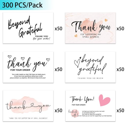 300PCS Thank You For Supporting My Business Cards, 6 Styles-2" x 3.5" Small Customer Appreciation Card for Shop, Online Retailers, Business Supplies and Local Stores