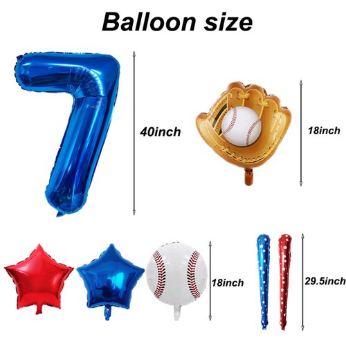 Baseball Balloons 7th Birthday Decorations for Boys, Baseball Party Decoration Baseball Sports Theme Party Supplies, 40 inch Foil Number Balloons Number 7 Balloon Blue Red White Sports Balloon Kits