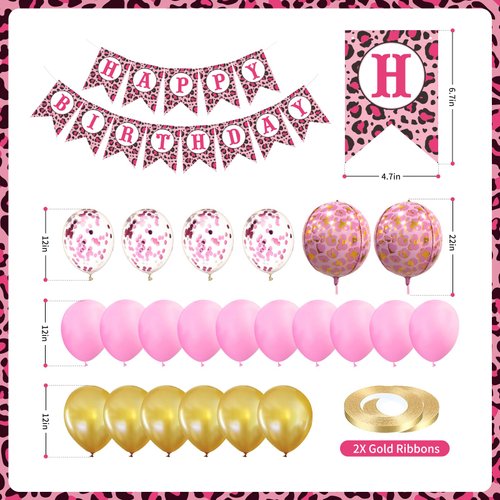 Marwey Pink Cheetah Birthday Banner Decorations 25 pcs Leopard Print Theme Party Supplies Balloons and Banner Kits for Girls' Jungle Animal Birthday Party Wild One Celebrations