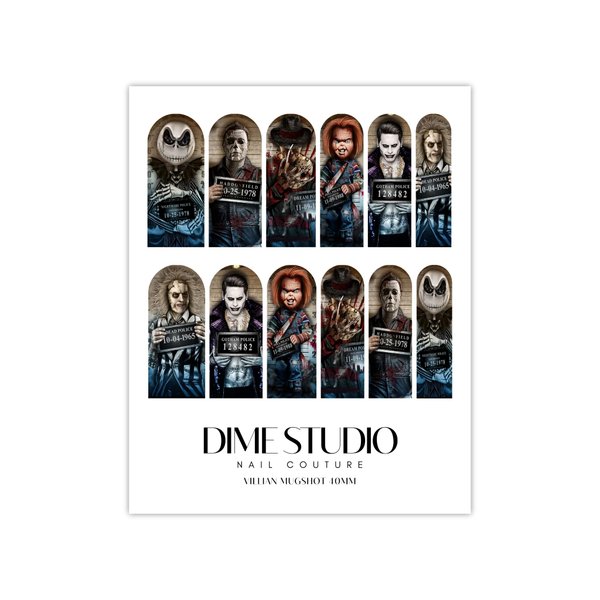 Halloween Nail Decals Horror Villain Mugshot Nail Art Joker Slasher Chucky Jack Skellington Water Transfer Nail Wraps for Acrylic, Gel X, Press On Nail Extensions (40MM Medium)