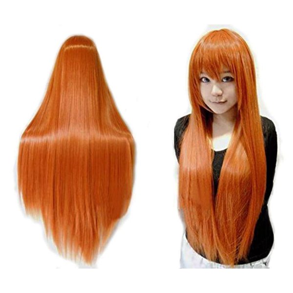 ANOGOL Hair Cap+32inch/80cm Orange Wig Long Straight Wig with Bangs Cosplay Wig Synthetic Hair Wigs Peluca Naranja for Anime Cosplay Wig Ginger Wig with Bangs for Halloween Costumes Women Wigs Cosplay