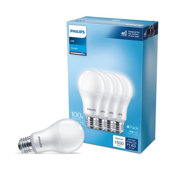 PHILIPS LED Basic Frosted Non-Dimmable A19 Light Bulb - EyeComfort Technology - 1500 Lumen - Daylight (5000K) - 13.5W=100W - E26 Base - Indoor - 4-Pack