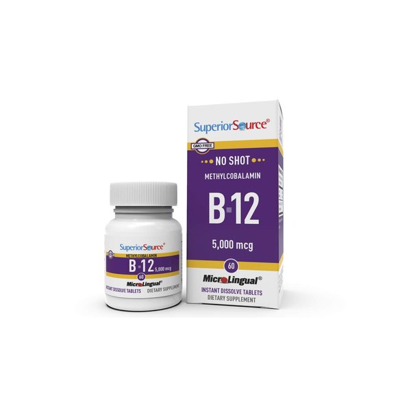 Superior Source No Shot Vitamin B12 Methylcobalamin 5000 mcg, Quick Dissolve MicroLingual Tablets, 60 Count, Active Form of B12, Supports Energy Production, Nervous System Support, Non-GMO
