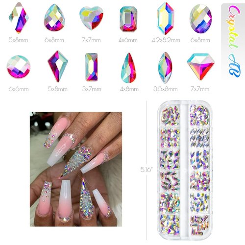 qiipii 120Pcs AB Crystal Nail Rhinestones White AB 12 Shapes Big Gems Flatback Rhinestones K9 Glass Stones Nail Art Diamonds Crystals jewels Nail Charms for Arylic Nails Face Eyes Makeup DIY Crafts