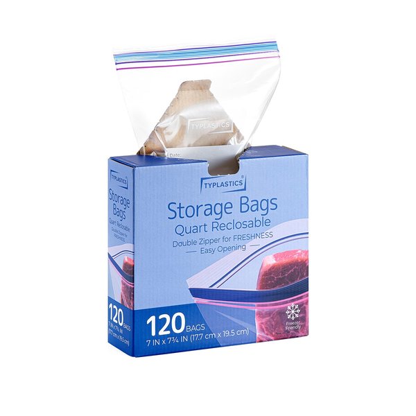 TYPLASTICS Quart Food Storage Zip Bags, 120 Count, Double Zipper, Easy Open Design, Reclosable