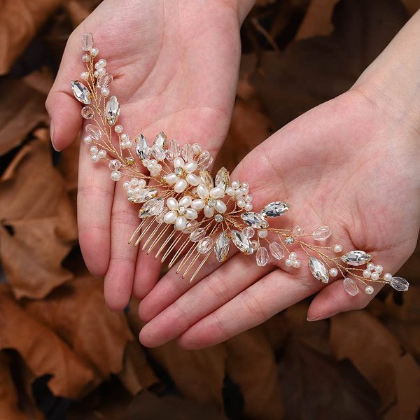 CanB Bride Pearl Hair Comb Flower Silver Wedding Leaf Crystal Bridal Headpieces bridesmaid Head Plece Flower Girl Rhinestone Hair Jewelry Accessories for Women and Girls (Gold)