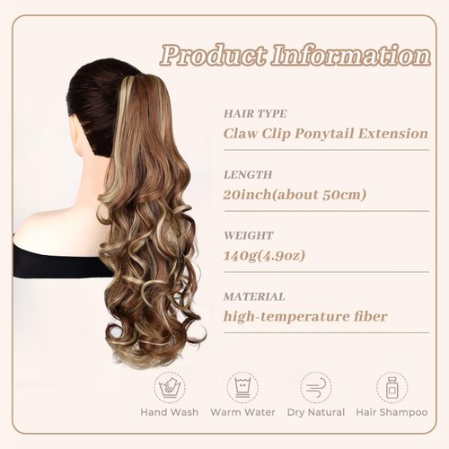 MAYSA Wavy Long Ponytail Extension,20in Wavy Curly Claw Clip in Ponytail Hair Extensions, Clip in Ponytail Synthetic Hairpiece for Women #12H24 Auburn Brown & Blonde